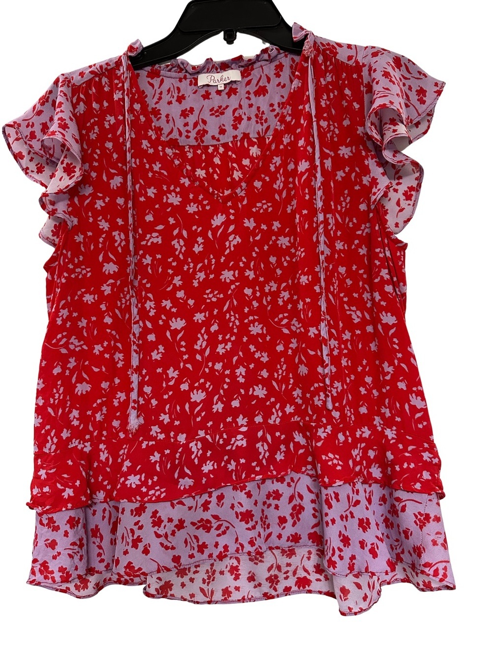Parker Red Floral Silk Ruffle Sleeve Layered Boho Top Blouse Medium